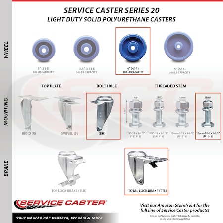 Service Caster 4 Inch SS Solid Polyurethane 10mm Threaded Stem Caster Set Total Lock Brake SCC-SSTSTTL20S414-SPUS-M1015-4